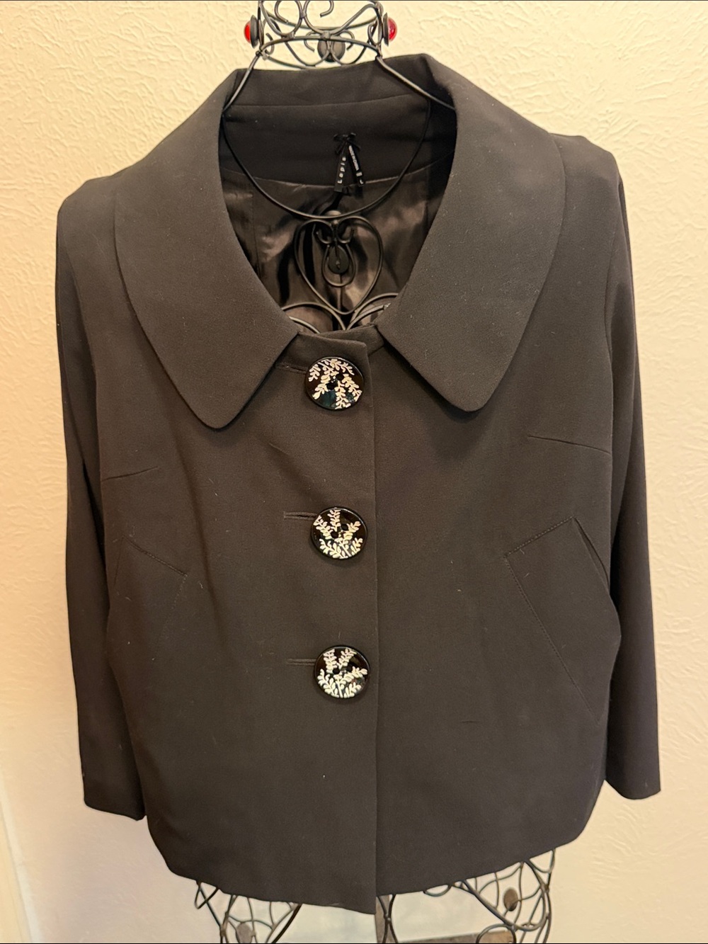 Black Women's Cropped Collar Jacket with Embroidered Buttons